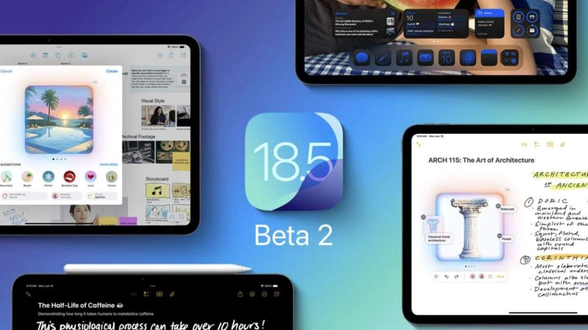 Интерфейс iPad в iOS 18.5 beta 2: приложение «Заметки» с экранами и рисунками