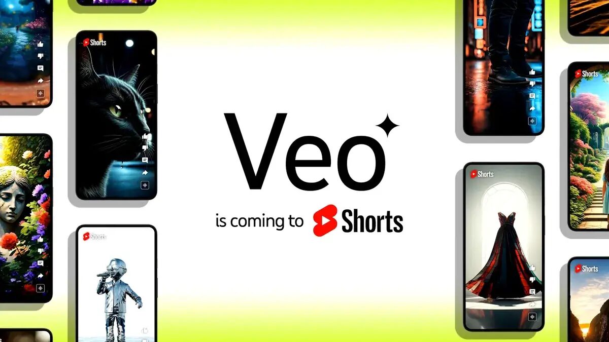 Логотип YouTube Shorts с различными тематическими видеороликами на фоне
