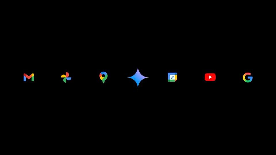 Логотипы Google и сервисов ИИ на черном фоне: Gemini, Search и Meet с Google I/O 2025