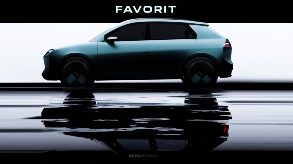 Концепт-кар Skoda Favorit в боковом профиле с черным фоном