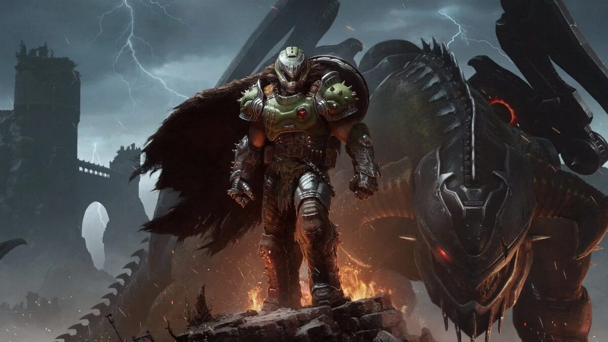 Главный герой из DOOM: The Dark Ages на PlayStation 5 в боевом облачении и с оружием