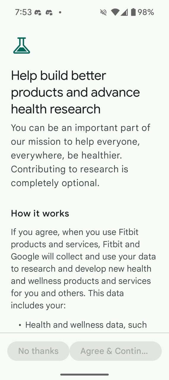 Экран с информацией о сборе данных для Fitbit