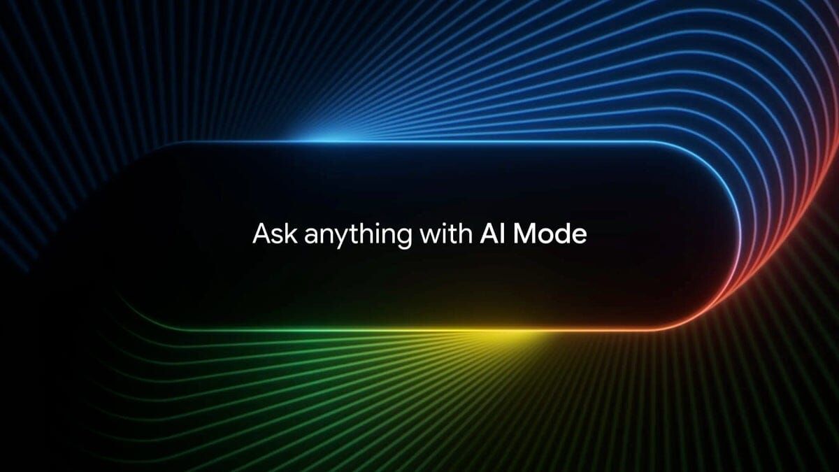 Интерфейс Google Search в режиме AI Mode с текстом Ask anything with AI Mode и фоновым графическим оформлением