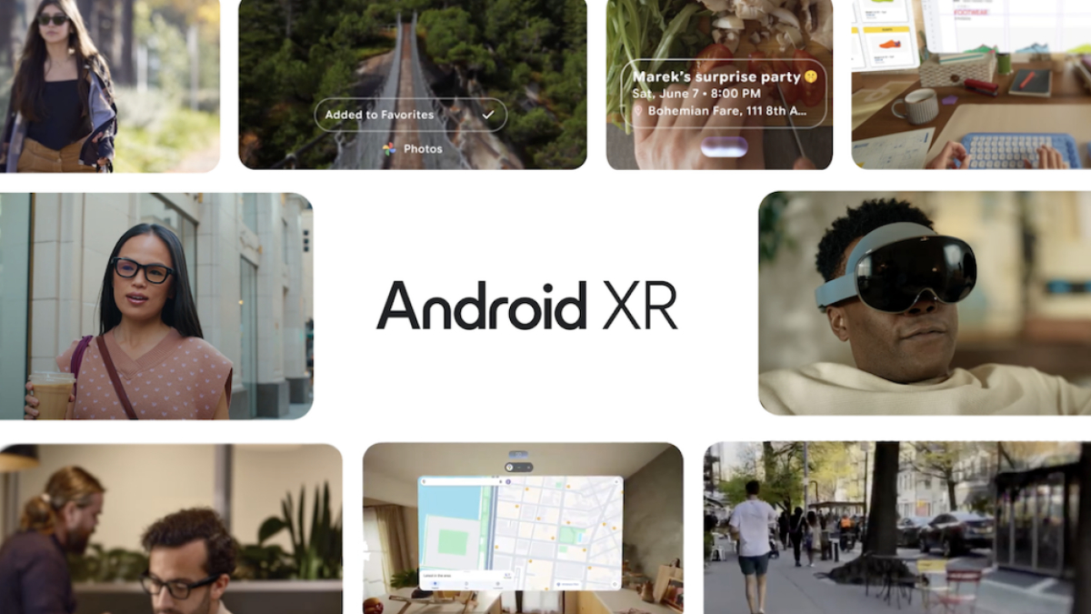 Изображение рекламного баннера Google Android XR с несколькими фотографиями людей и устройств в разных ситуациях