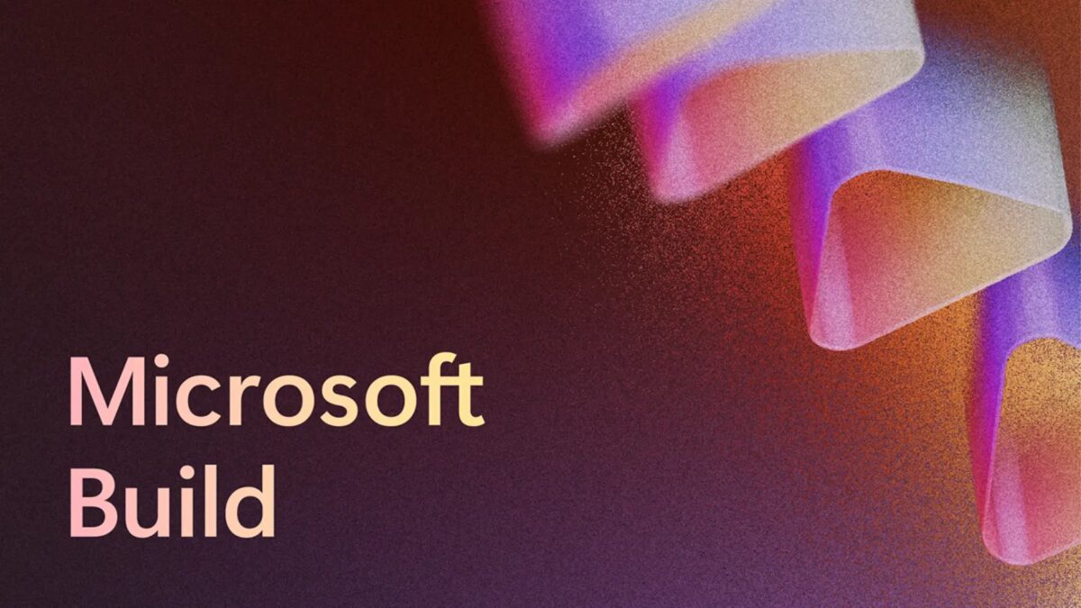 Баннер конференции Microsoft Build 2025 на светлом фоне с фиолетово-розовыми абстрактными формами