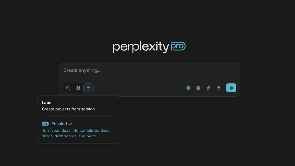 Экран интерфейса платформы Perplexity Pro с меню Labs и настройками
