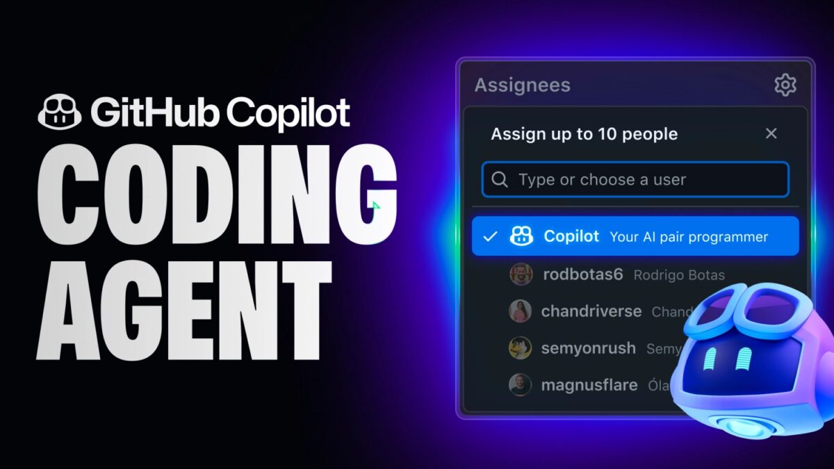 Экран интерфейса Copilot для назначения задач на GitHub копилот и изображение робота-бота с глянцевой синей кожухой