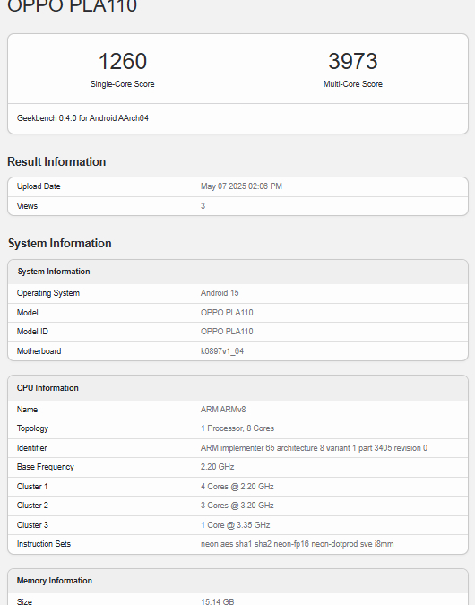 Oppo Reno 14 прошёл тестирование в Geekbench 3 Oppo Reno 14
