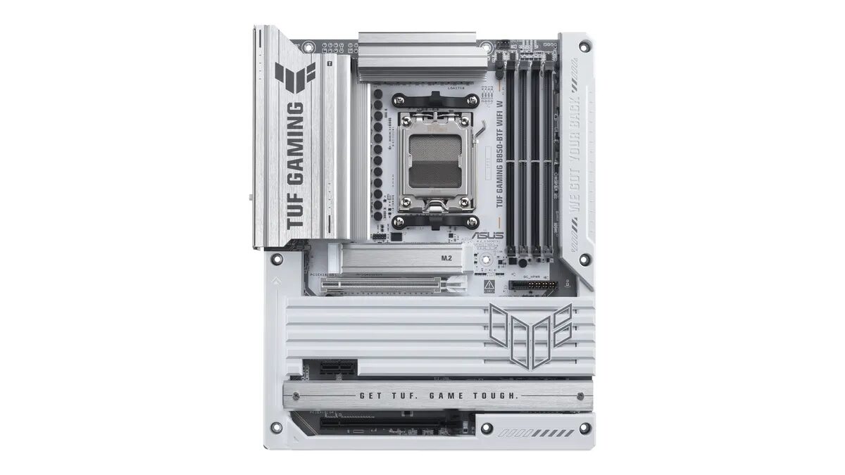 Материнская плата ASUS TUF Gaming B850-BTF сверху с разъемами и слотами