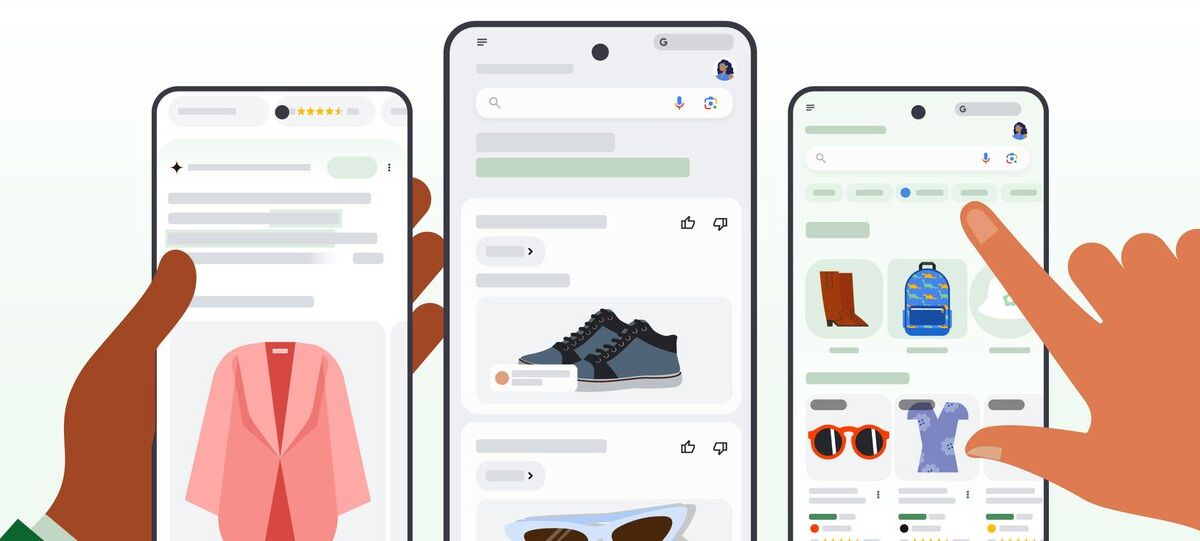 Три смартфона с поиском Google и AI-примерочной, демонстрацией одежды, обуви и аксессуаров