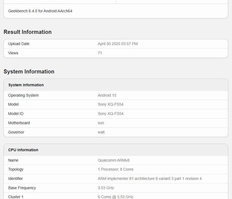 Характеристики Sony Xperia 1 VII подтверждены бенчмарком 3 sony xperia 1 vii geekbench leak 789x1024 1