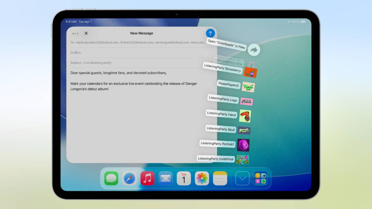 Экран iPad с открытым письмом и ярлыками приложений
