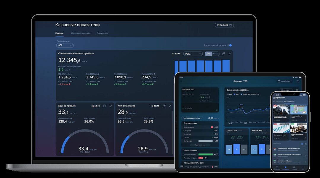 Экран ноутбука с интерфейсом аналитических данных по прибыли и продажам
