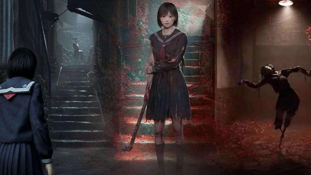 Игрок в школьной форме смотрит на страшное существо из Silent Hill f