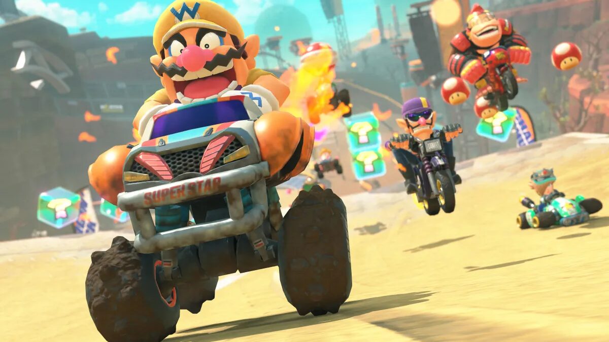 Wario в Mario Kart World гоняет на Nintendo Switch 2 в режиме трассы Wario Driving