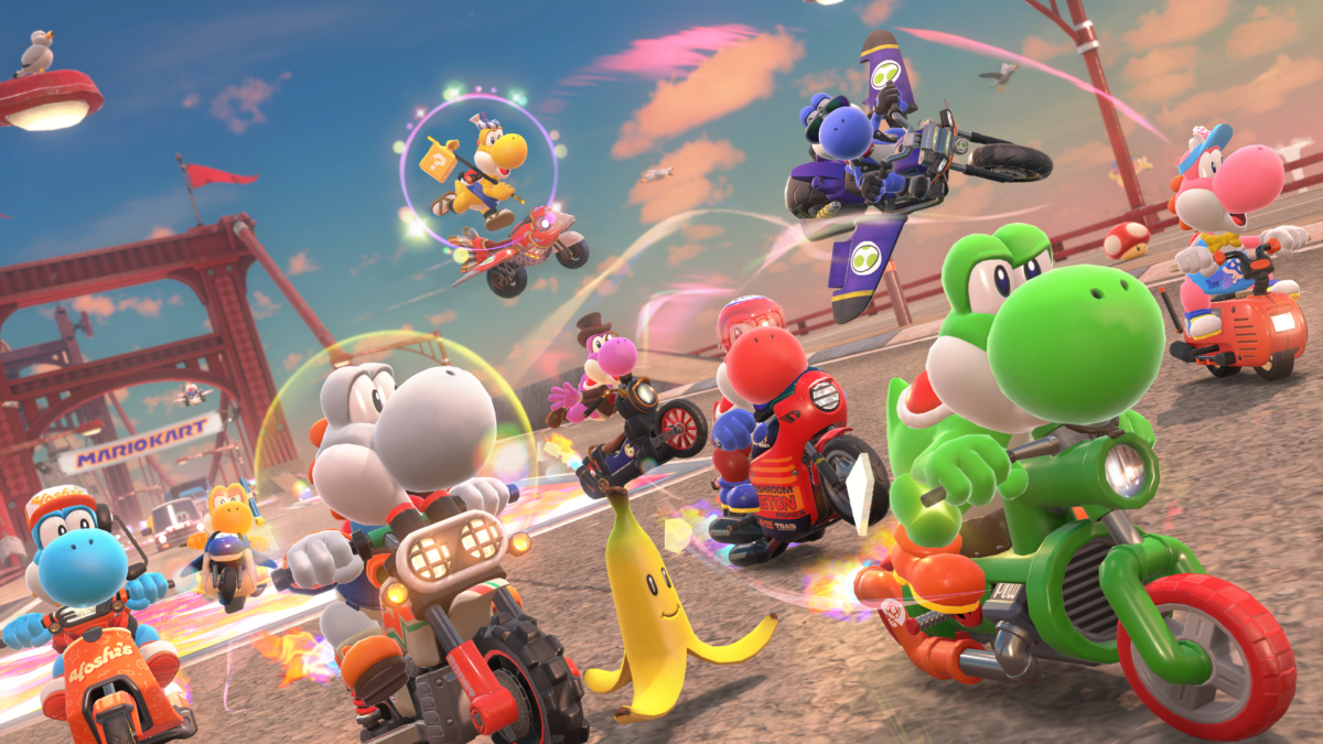 Марио и друзья играют в Mario Kart на Nintendo Switch 2