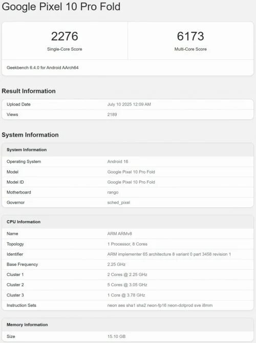 Google Pixel 10 Pro Fold получит чип Tensor G5 и 16 ГБ ОЗУ 5 google pixel 10 pro fold geekbench