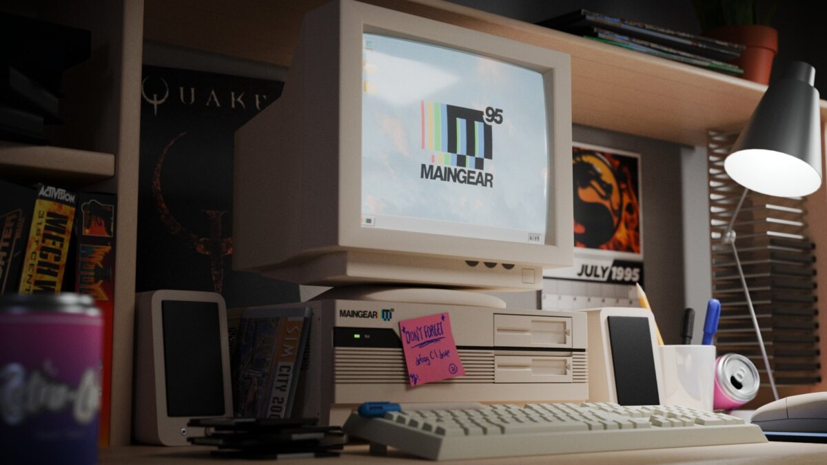 Maingear Retro95 — классический монитор с логотипом Maingear и старомодным ПК с дискетами