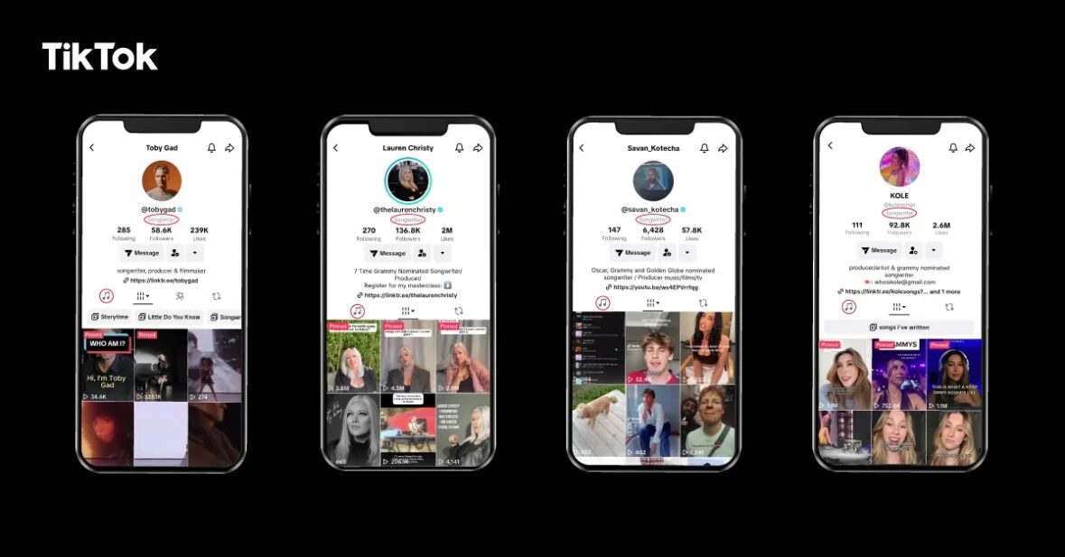 Четыре мобильных телефона с интерфейсами TikTok и профилями пользователей