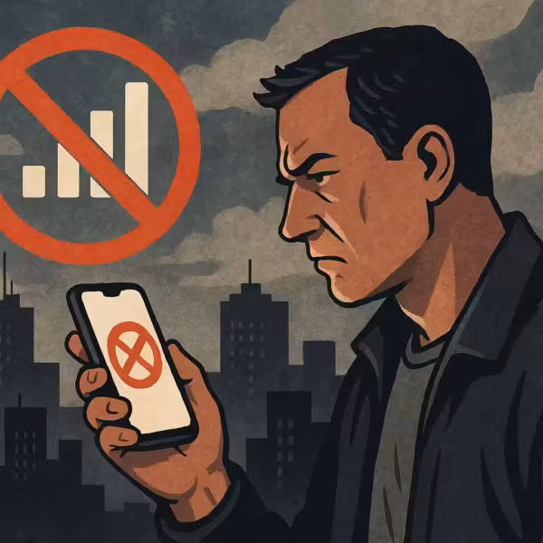 Мужчина держит смартфон с символом отключения мобильного интернета на фоне города
