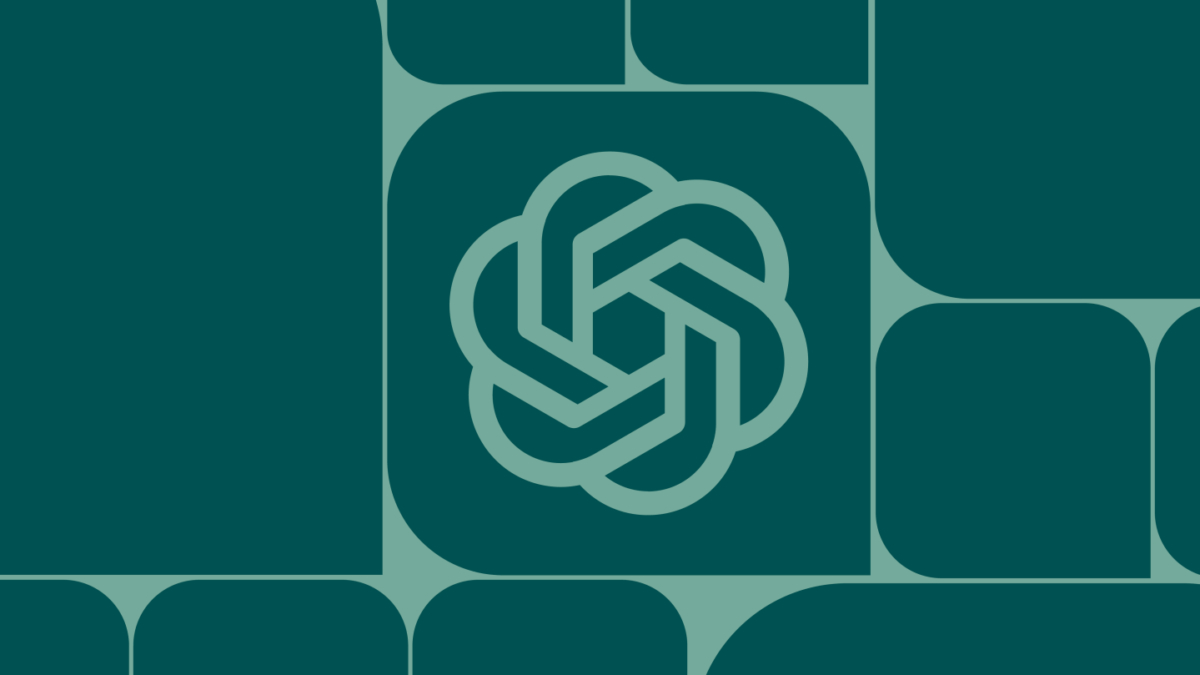 Логотип OpenAI на декоративном геометрическом фоне в синих оттенках