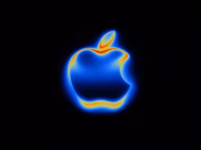 Неоновые контуры логотипа Apple на черном фоне для презентации iPhone 17