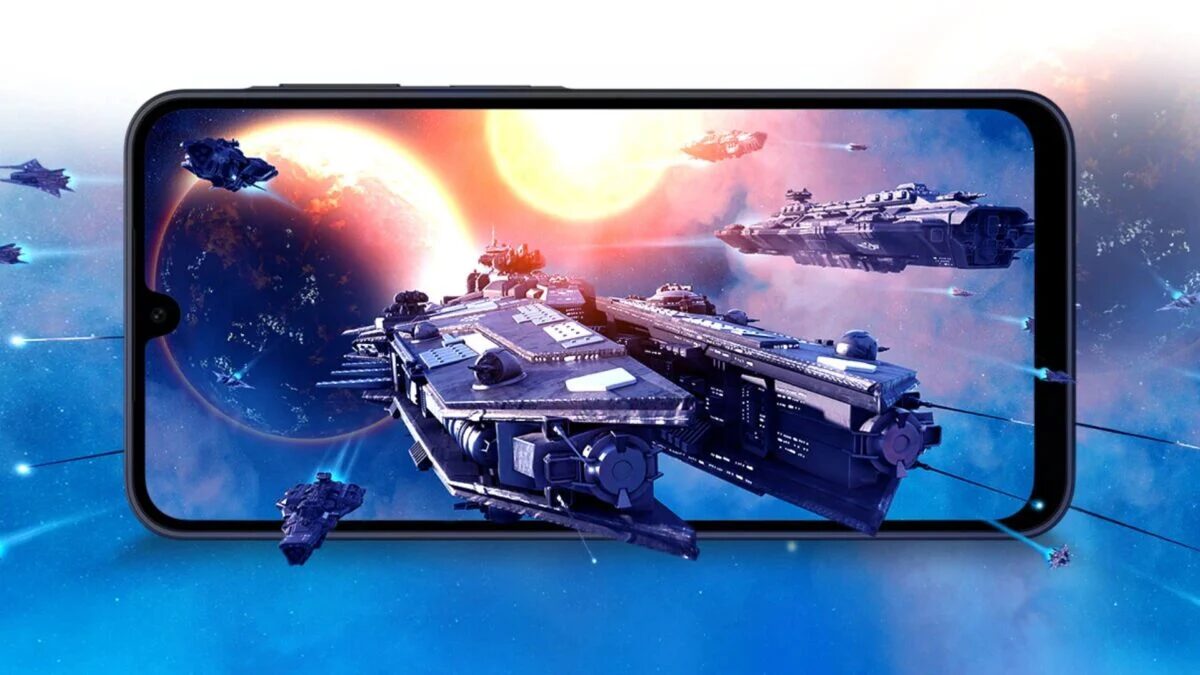 Samsung Galaxy A17 4G показан на фоне космического корабля и игровых сцен