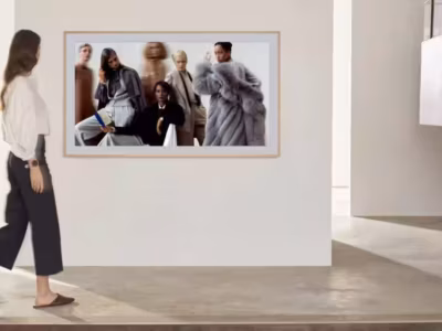 Женщина в галерее смотрит на работы Vogue в Art Store на телевизоре Samsung