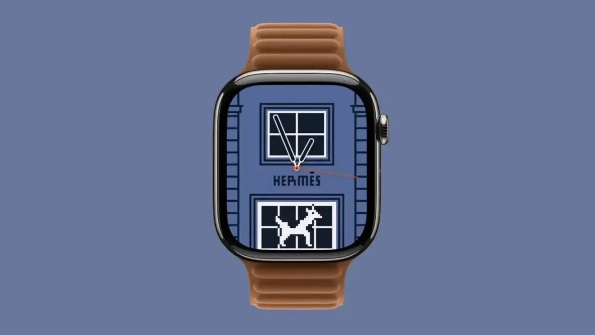 Экран Apple Watch Hermès Series 11 с заставкой Clarus the Dogcow и часами