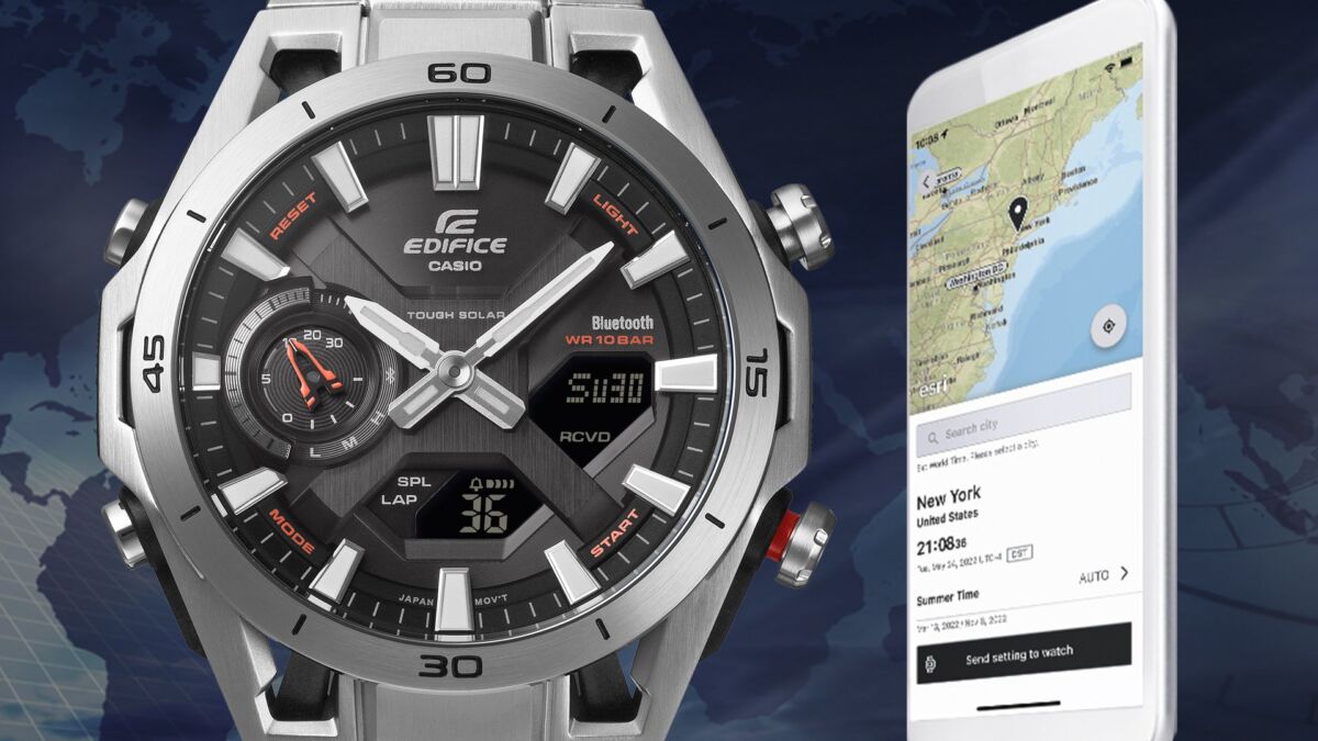 Часы Casio Edifice Sospensione ECB-2300 с интерфейсом и дисплеем на фоне глобуса
