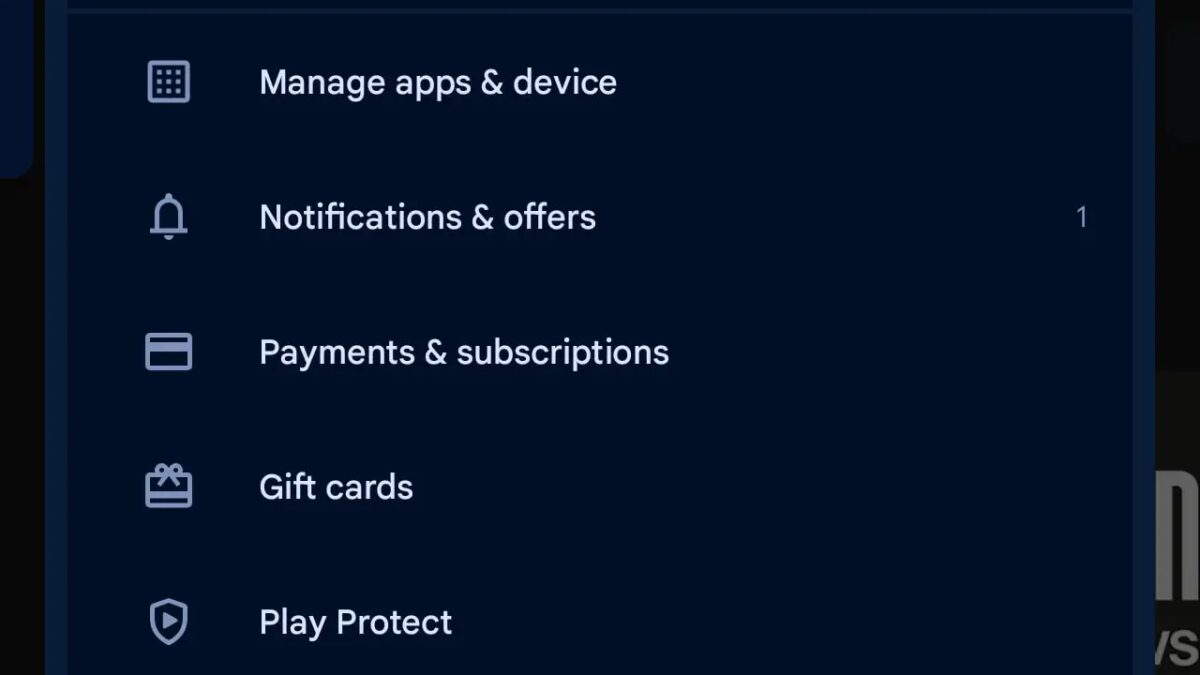 Меню настройки в приложении Play Store с разделами управление приложениями и уведомлениями