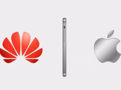Сравнение логотипов Huawei и Apple на фоне ультратонкого смартфона iPhone Air