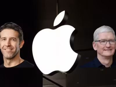 Логотип Apple и Джон Тернус на темном фоне рядом с Тимом Куком