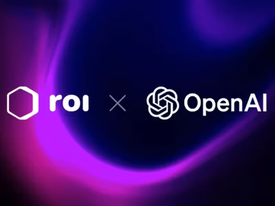 Логотипы ROI и OpenAI на темном фоне с фиолетовым свечением, совместное финтех-сотрудничество