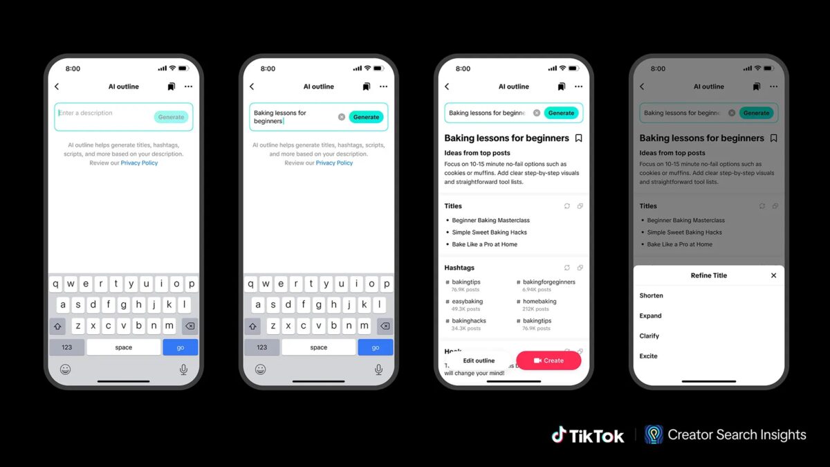Экран смартфона показывает интерфейс TikTok с функциями AI для контента