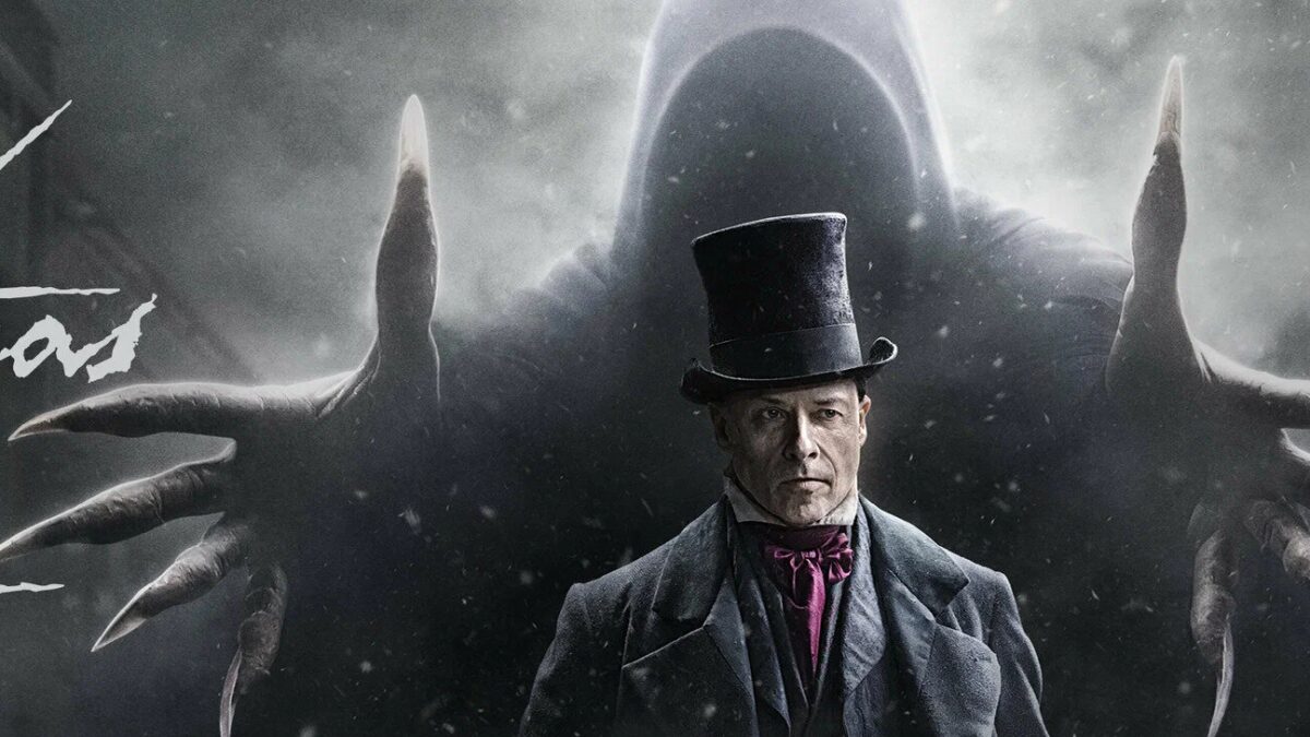 Постер к сериалу Каёса на Фх с изображением человека в цилиндре и темной фигуры с руками-клешнями на фоне зимнего пейзажа