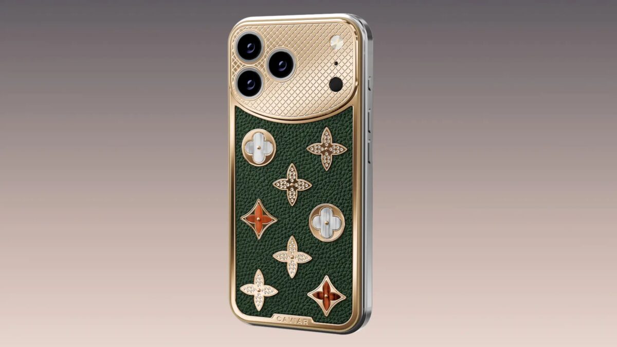 Задняя панель роскошного iPhone 17 Pro с золотым дизайном и украшениями Louis Vuitton