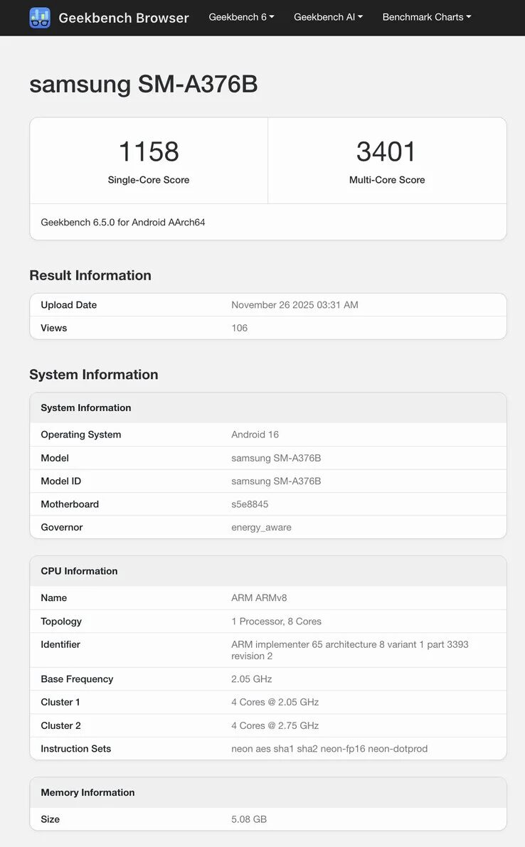Экран с результатами теста Geekbench для Samsung Galaxy A37