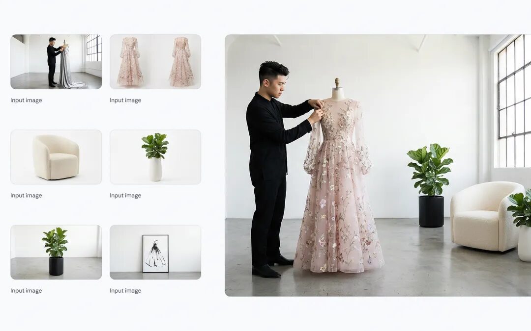 Сотрудник на светлой съемочной площадке работает с манекеном в студийной одежде