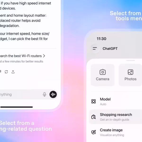 Экран с функцией поиска товаров в ChatGPT и меню инструментов