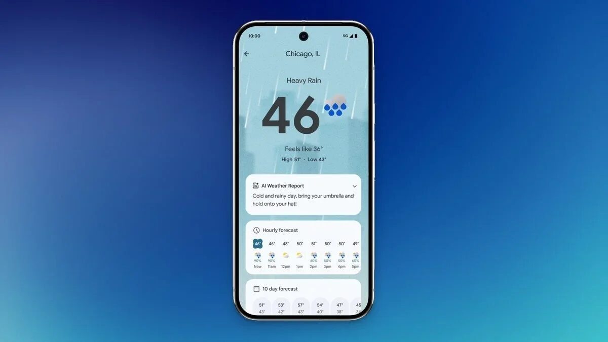 Экран смартфона с обновлённым прогнозом погоды WeatherNext 2 от Google