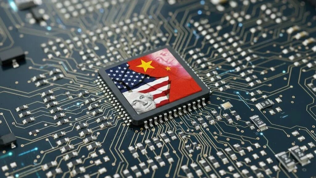 Чип Huawei Kirin на печатной плате с флагами США и Китая, акцент на разработку для 2 нм без EUV