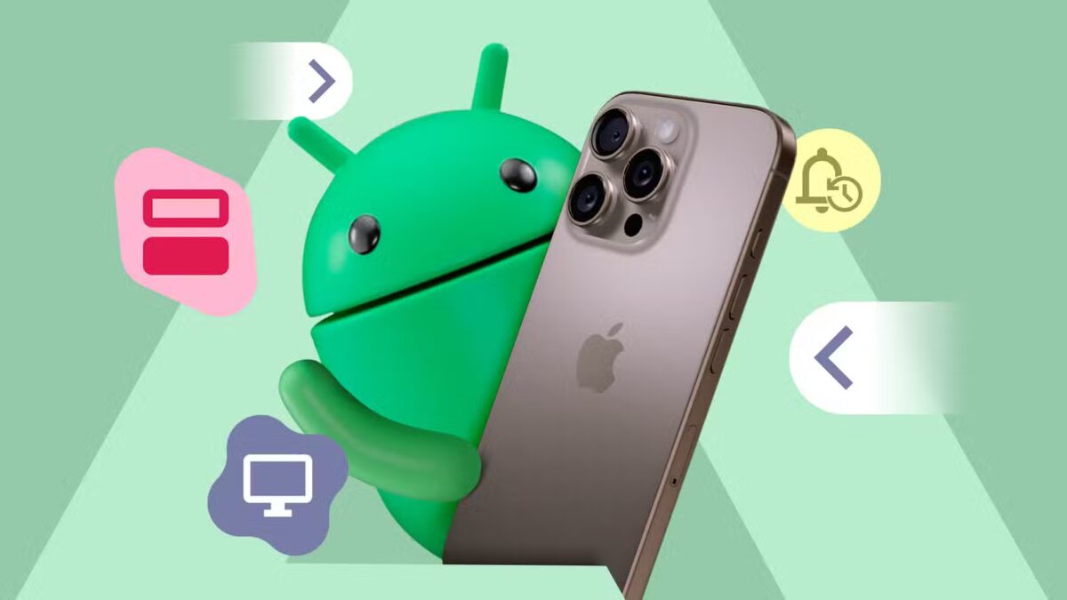 Смартфон iPhone с камерой и логотипом Apple на фоне Android Android