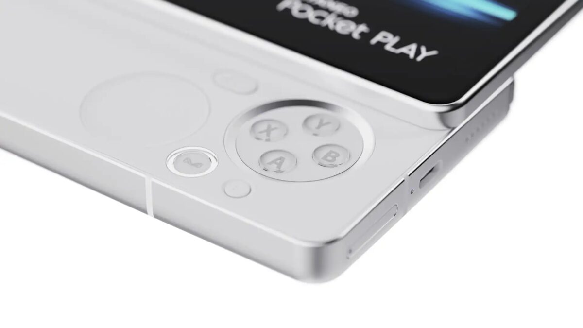 Белый смартфон AYANEO Pocket PLAY с игровым интерфейсом