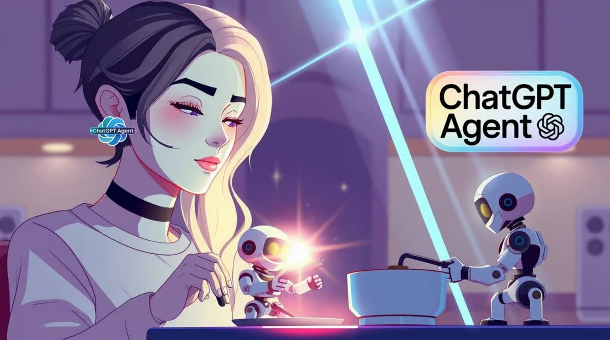 Анимационный персонаж девушка с короткой прической и наушниками с логотипом ChatGPT агент за роботом в лаборатории