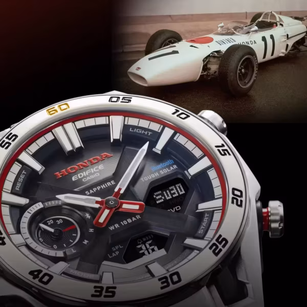 Лимитированные кварцевые часы Casio Edifice x Honda модели ECB-2300HR-1A крупным планом с циферблатом и стрелками