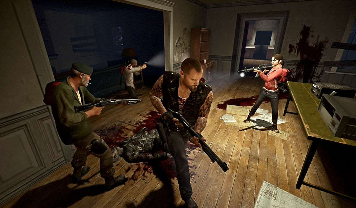 Сцена из Left 4 Dead на платформе PlayStation: персонажи с оружием нападают на выживших