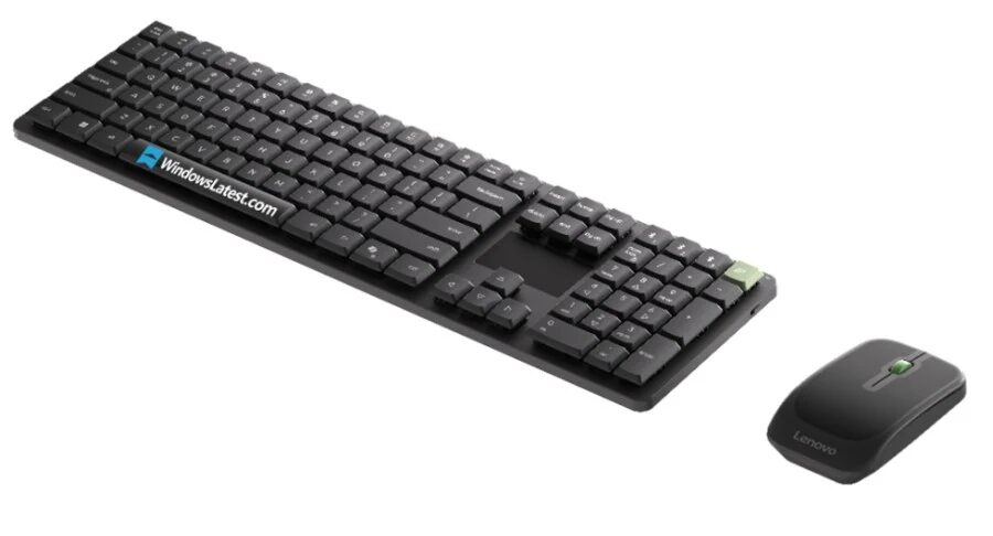 Клавиатура с названием Windows Latest и мышь Lenovo слева