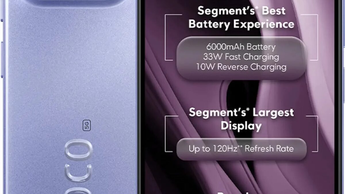 Передняя и задняя части смартфона POCO C85 5G с крупным дисплеем и модулем камеры