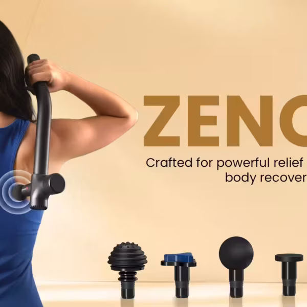 Портативный перкуссионный массажер Portronics Zeno B с насадками на плоском фоне